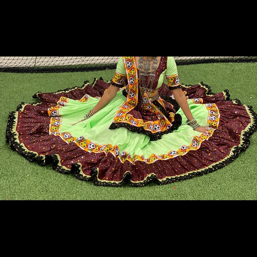 Traditional Embroidered Lehenga Dress in Lime Green and Maroon